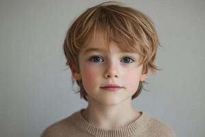 Portrait of a young boy with light hair and blue eyes, staring directly at the camera with an expressive gaze indoors photo