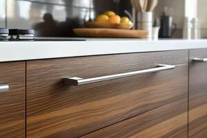 Modern kitchen with wooden cabinetry showcasing sleek design and fruit bowl on countertop photo