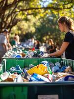 Cleanup event focuses on recycling and waste management in a community park on a sunny afternoon photo