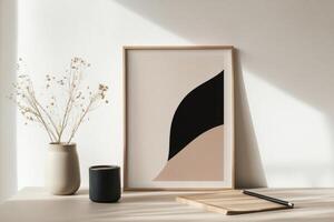 Minimalist decor on a wooden table with abstract art and natural elements in soft lighting photo