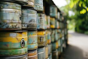 Colorful metal barrels lined up along a rustic path in an outdoor setting during daylight hours photo