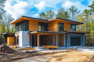 Modern house under construction in a serene forest setting with wooden accents and a contemporary design photo