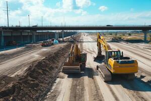Construction site with heavy machinery working on a highway in bright daylight photo