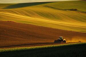 Tractor working in the fields at sunset, showcasing agricultural activity in a rural landscape photo