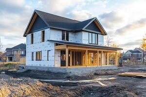 New residential home under construction in suburban neighborhood during late afternoon light photo