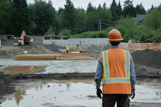 Construction worker oversees site in a residential area surrounded by trees and equipment on a cloudy day photo