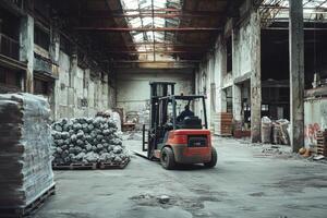 Warehouse fork lift in action amid piles of materials and industrial surroundings during daylight hours photo