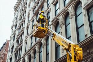 Construction worker performs maintenance on historical building facade using lift at urban site during cloudy day photo