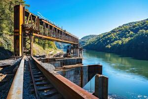 Scenic view of an abandoned railway bridge over a calm river surrounded by lush greenery under a clear blue sky photo