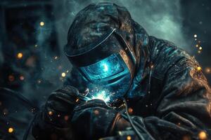 Welding sparks fly during industrial repair work in a dimly lit workshop photo