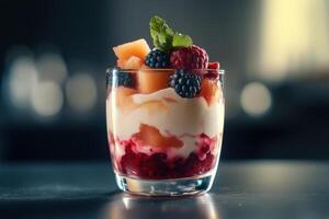 Colorful layered dessert with fresh fruits served in a glass on a dark countertop photo