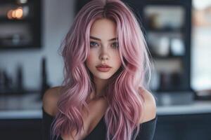 Young woman with long pink hair posing indoors in a modern kitchen with soft lighting photo