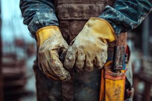 Construction workers hands showcase hard work and dedication at a building site during daylight photo