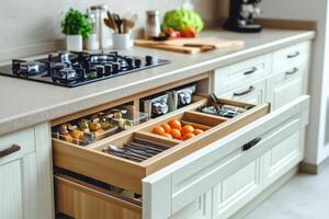 Modern kitchen with organized drawers and a gas stove in use during meal preparation photo