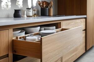 Modern kitchen with wooden cabinetry and organized dinnerware in drawers during daylight hours photo