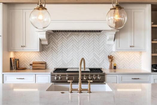 Modern kitchen design featuring herringbone tile backsplash and elegant fixtures in a bright, spacious setting photo