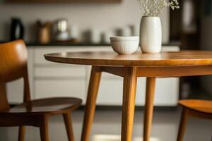 Elegant wooden table setup in a modern kitchen with decorative elements during daylight photo