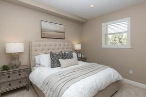 Cozy modern bedroom featuring soft lighting and neutral color palette in a serene home interior setting photo