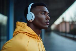 Young man wearing headphones enjoys music while walking outside in urban setting during daytime photo