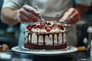 Baker skillfully decorates chocolate cake with fresh raspberries and chocolate shavings in a cozy kitchen setting photo