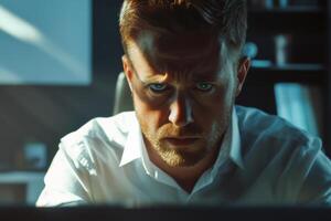 Focused man working late at a computer in a dimly lit office during the evening hours photo
