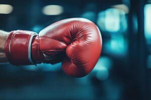 Close-up of a gloved fist ready to strike in a boxing gym setting during training hours photo
