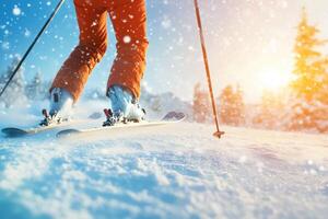 Skiing on a snowy mountain during sunset with a skier in an orange outfit enjoying the winter sports experience photo