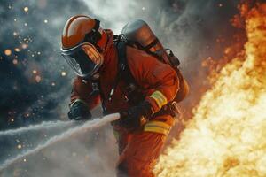 Firefighter battles intense blaze while using hose to control flames in dramatic rescue situation photo