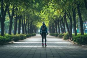 Roller skater gliding through a serene tree-lined path in a spacious urban park on a sunny day photo