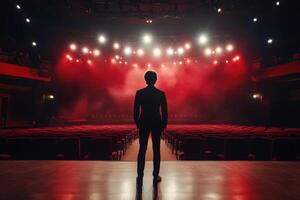 Performer stands before empty theater stage illuminated by bright lights in anticipation of the show photo