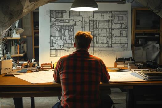 Architect reviewing detailed blueprints in a dimly lit workspace during late evening hours photo