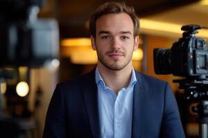 Young professional poses confidently between cameras in a stylish setting during a media event photo