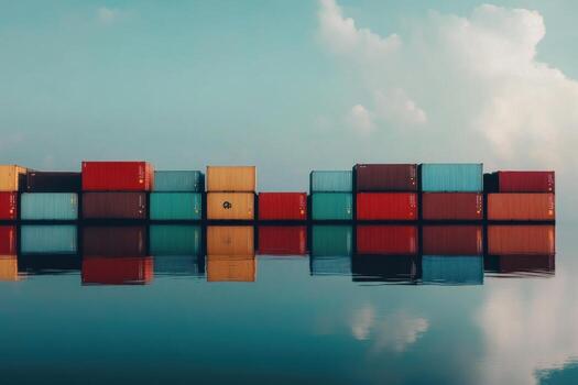 Colorful shipping containers reflect in calm waters at a port under a clear sky photo