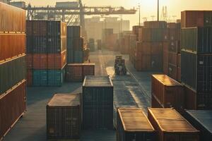 Containers stacked in a shipping yard at sunset with a forklift moving through aisles photo