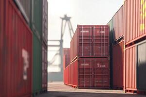 Stacked shipping containers in an industrial port during morning light showcasing loading activity photo