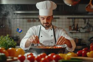Chef preparing a colorful vegetable dish in a professional kitchen in the afternoon photo