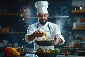 Chef preparing a vibrant vegetable salad in a modern kitchen while showcasing culinary skills photo