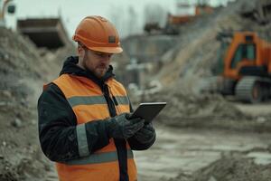 Construction worker using tablet at a busy site with heavy machinery in the background during overcast day photo