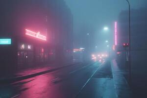Vibrant neon lights glow through a foggy urban street at night with reflections on wet pavement photo