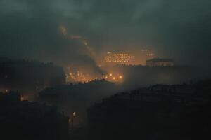 Fog envelops cityscape at night showcasing illuminated buildings and dimly lit streets photo