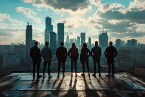 Group of friends enjoying a sunset view over a city skyline from a rooftop in an urban environment photo