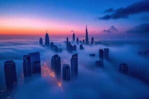 Fog envelops city skyline at dawn, revealing skyscrapers and a vibrant sunrise in the background photo