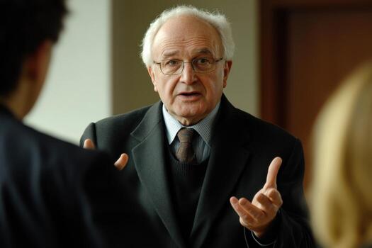 Senior man engages in a conversation with a thoughtful expression while standing in a professional setting during daytime photo