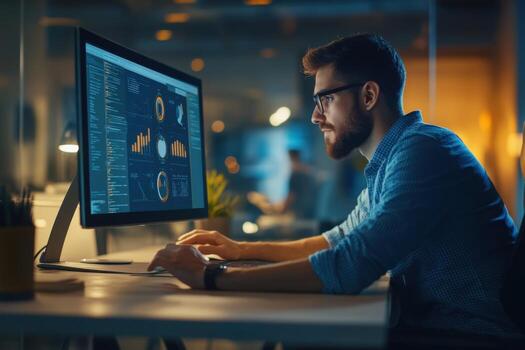 Young professional analyzing data on a computer in a modern office environment during evening hours photo