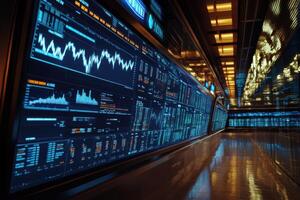 Financial data displayed on a large screen in a modern trading room at night photo