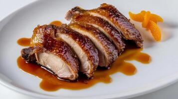 Sliced duck breast served on a white plate with citrus garnish and rich sauce photo
