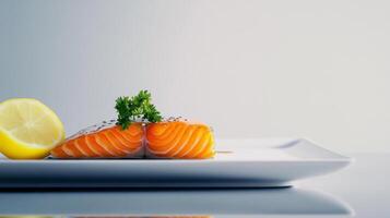 Fresh salmon fillet garnished with lemon and herbs served on a clean plate photo