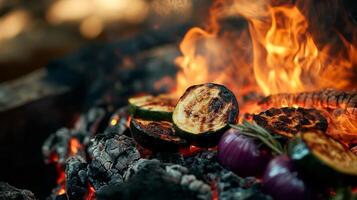 Grilled vegetables over hot coals during a summer cookout in a backyard setting photo