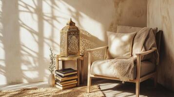 Cozy reading corner with natural light, decorative lantern, and minimalistic design elements in a serene indoor space photo