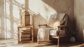 Cozy reading nook with a warm glow from afternoon sunlight and intricate shadows photo